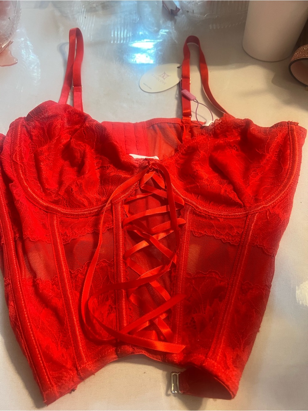 Red Lace Bustier Corset Top - Women Intimates